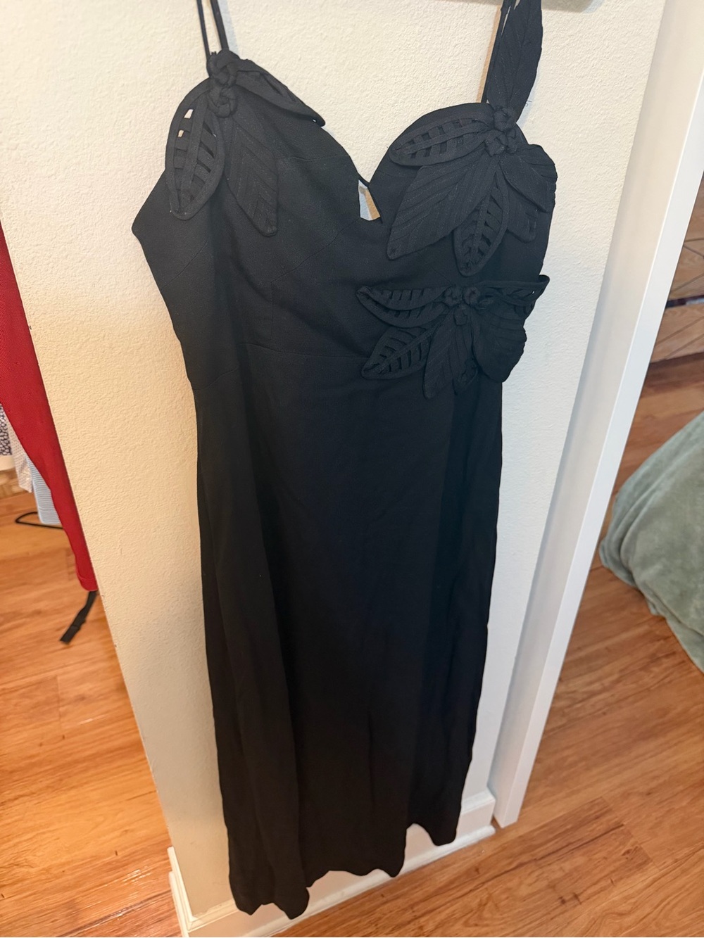 FARM Rio Black Midi Slip Dress with Floral Appliqué